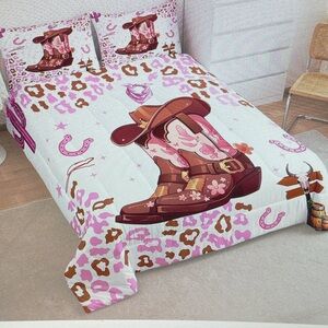Western Cowboy Boot Print Bedding Set - Pink and Brown